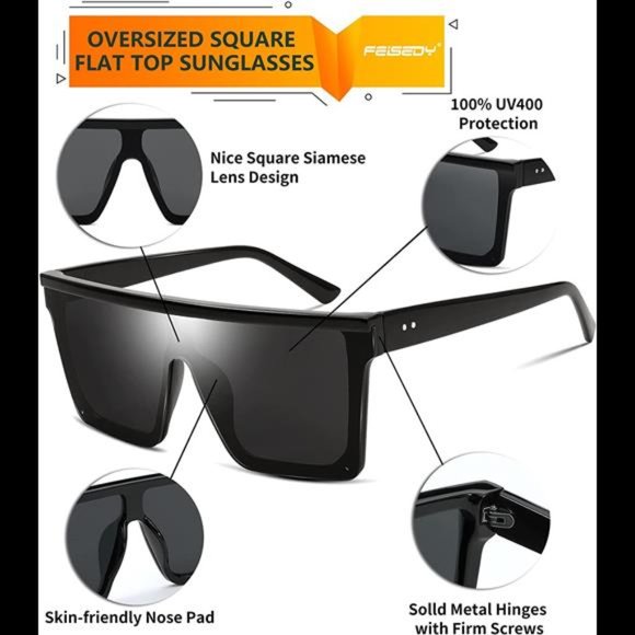 FEISEDY Oversized Square Trendy Sunglasses Womens Mens Futuristic Flat Top
